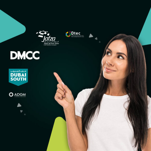 Smiling woman pointing toward logos of UAE free zones including Jafza, Dtec, DMCC, Dubai South and ADGM on a dark teal background