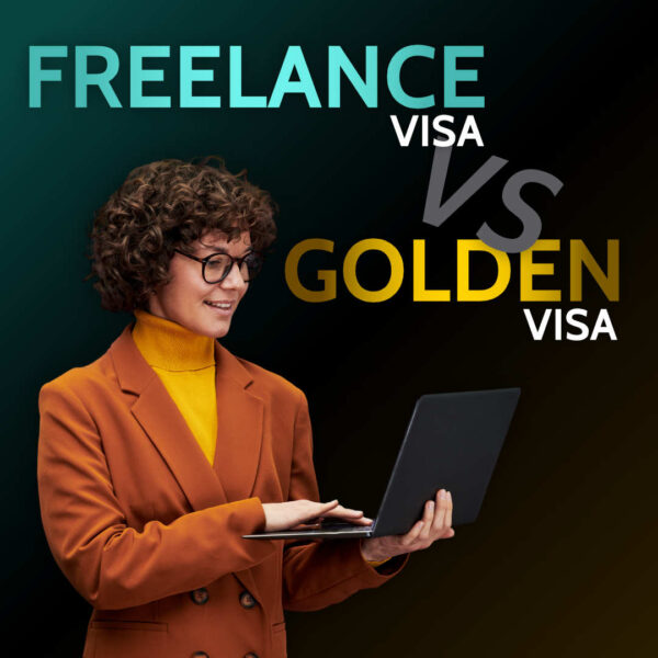 Smiling woman in orange blazer holding a laptop, captioned Freelance Visa vs Golden Visa on a dark gradient background