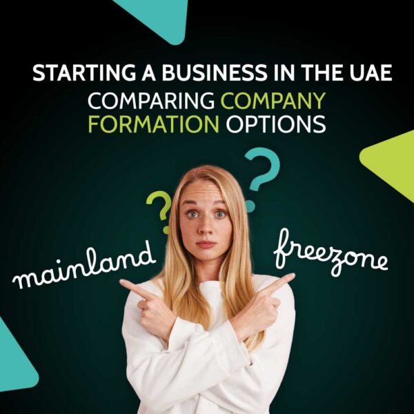 Woman with a confused expression pointing both ways between mainland and freezone options, captioned starting a business in the UAE comparing company formation options