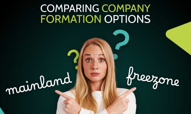Woman with a confused expression pointing both ways between mainland and freezone options, captioned starting a business in the UAE comparing company formation options