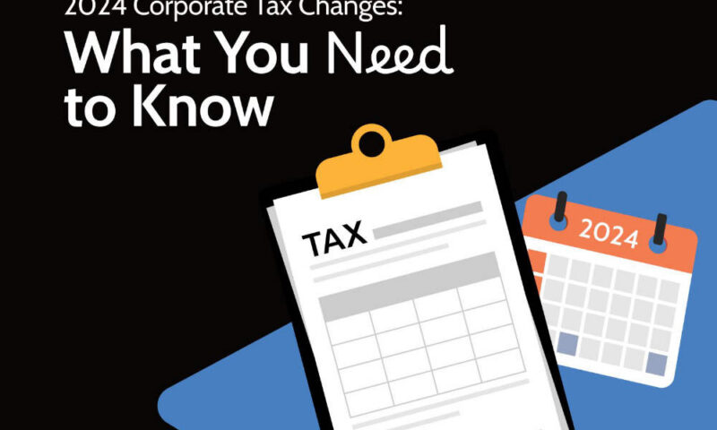 Illustrated tax clipboard form beside a 2024 calendar on a blue and black background, captioned 2024 Corporate Tax Changes what you need to know