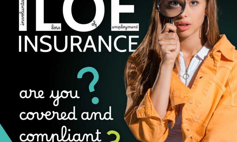 Young woman in orange jacket peering through a magnifying glass, captioned ILOE insurance, are you covered and compliant