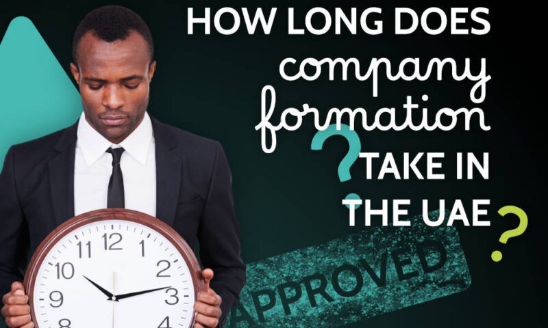 Man in suit holding a large wall clock with a green APPROVED stamp overlay, captioned how long does company formation take in the UAE