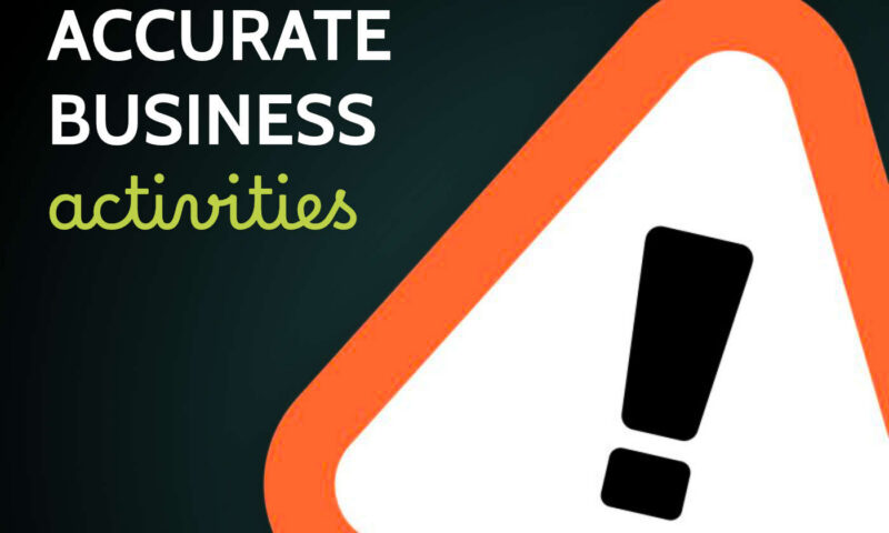 Orange and white warning triangle with exclamation mark, captioned accurate business activities
