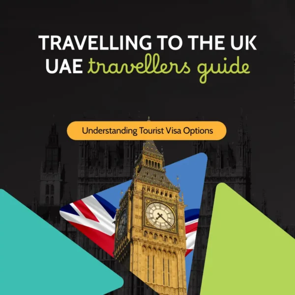 Big Ben clock tower with Union Jack flag against the Palace of Westminster, captioned travelling to the UK, UAE travellers guide, understanding tourist visa options