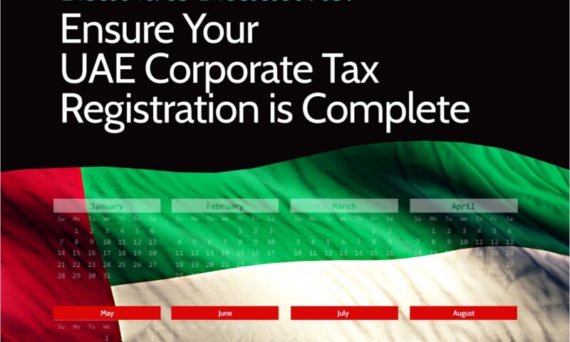 UAE flag background with monthly 2024 calendar grid overlay, Prism7 logo, captioned Beat the deadline ensure your UAE corporate tax registration is complete