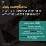 Hands typing on a laptop in dim light overlaid with a teal panel, captioned stay compliant, is your business up to date with the latest ESR rules, with how-we-can-help bullets