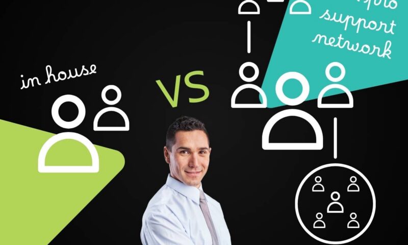Smiling man in shirt gesturing between in-house and pro support network team icon graphics, captioned in house vs our pro support network