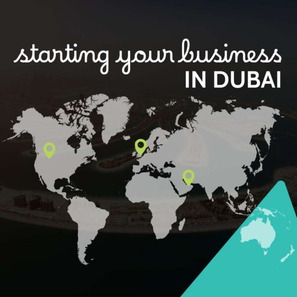 World map with location pins on USA, UK and UAE over an aerial view of Palm Jumeirah, captioned starting your business in Dubai