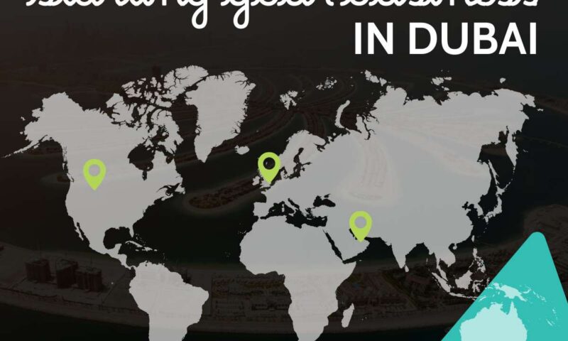World map with location pins on USA, UK and UAE over an aerial view of Palm Jumeirah, captioned starting your business in Dubai