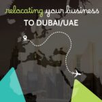 World map over a Dubai skyline with dashed flight path from the UK to the UAE, captioned relocating your business to Dubai/UAE