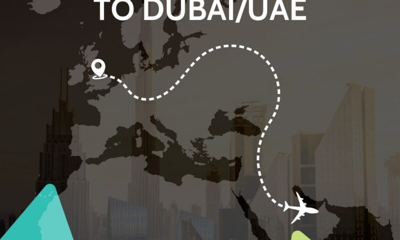World map over a Dubai skyline with dashed flight path from the UK to the UAE, captioned relocating your business to Dubai/UAE