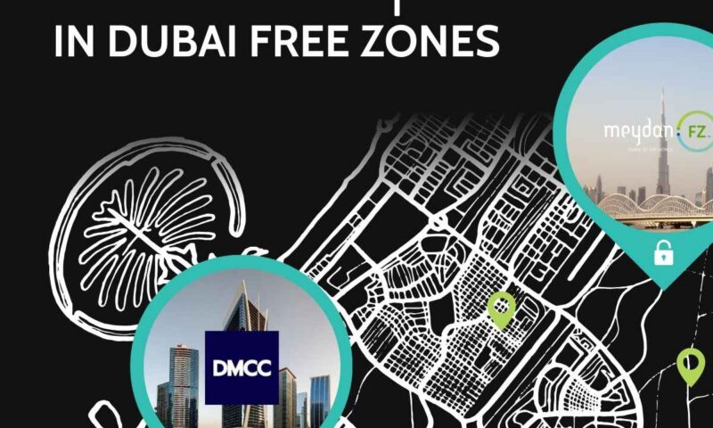 Stylised map of Dubai with location pins on Meydan FZ and DMCC free zones, captioned new developments in Dubai free zones