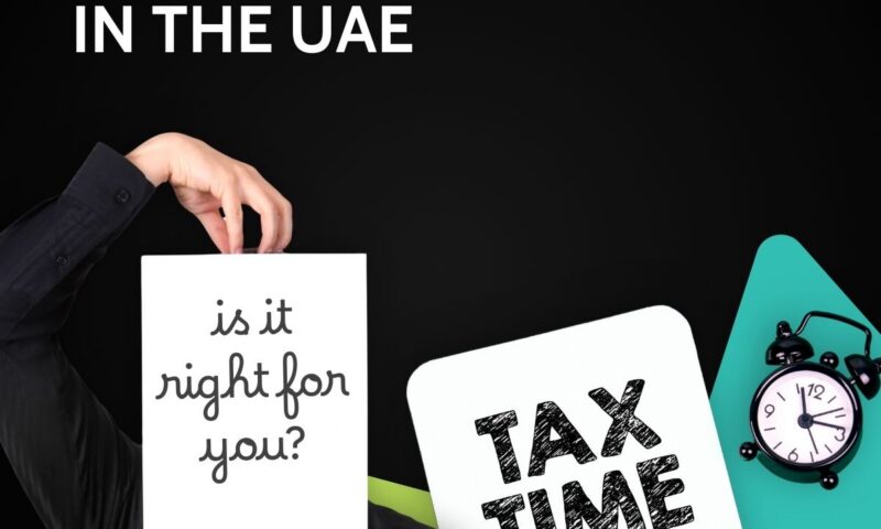 Hand holding speech bubble cards reading is it right for you and TAX TIME beside an alarm clock, captioned Tax Residency in the UAE