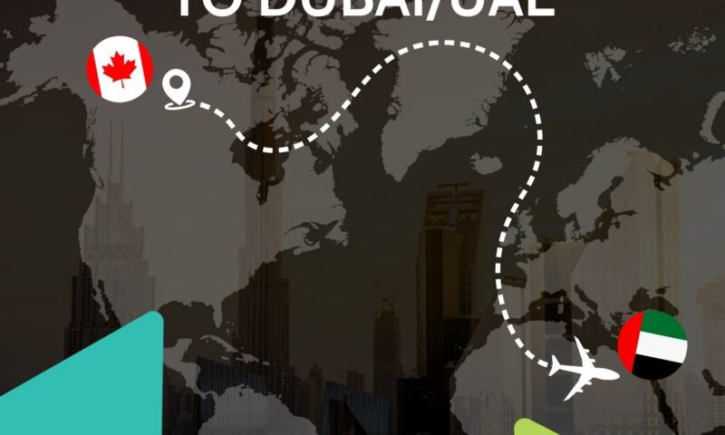 World map with Canadian flag pin and dashed flight path to UAE flag pin over a Dubai skyline, captioned relocating to Dubai/UAE