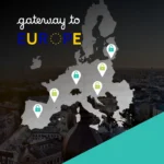 Map of Europe with green and teal padlock location pins over an aerial European cityscape, captioned gateway to Europe
