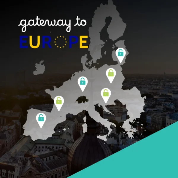 Map of Europe with green and teal padlock location pins over an aerial European cityscape, captioned gateway to Europe