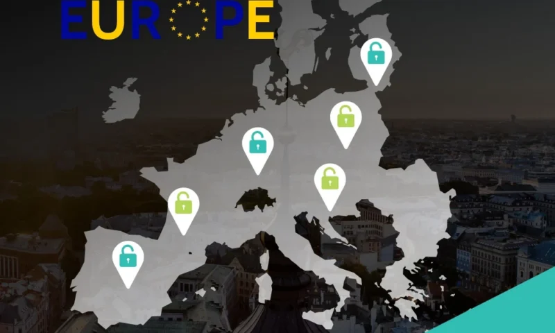 Map of Europe with green and teal padlock location pins over an aerial European cityscape, captioned gateway to Europe