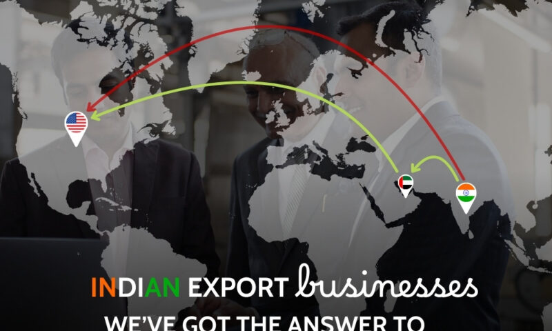 World map over three businessmen with red and green arrows from India to USA via UAE, captioned Indian export businesses, we've got the answer to tariff rises