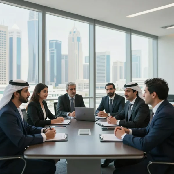 Mixed UAE business team meeting around a glass boardroom table with a Dubai skyline visible through floor-to-ceiling windows