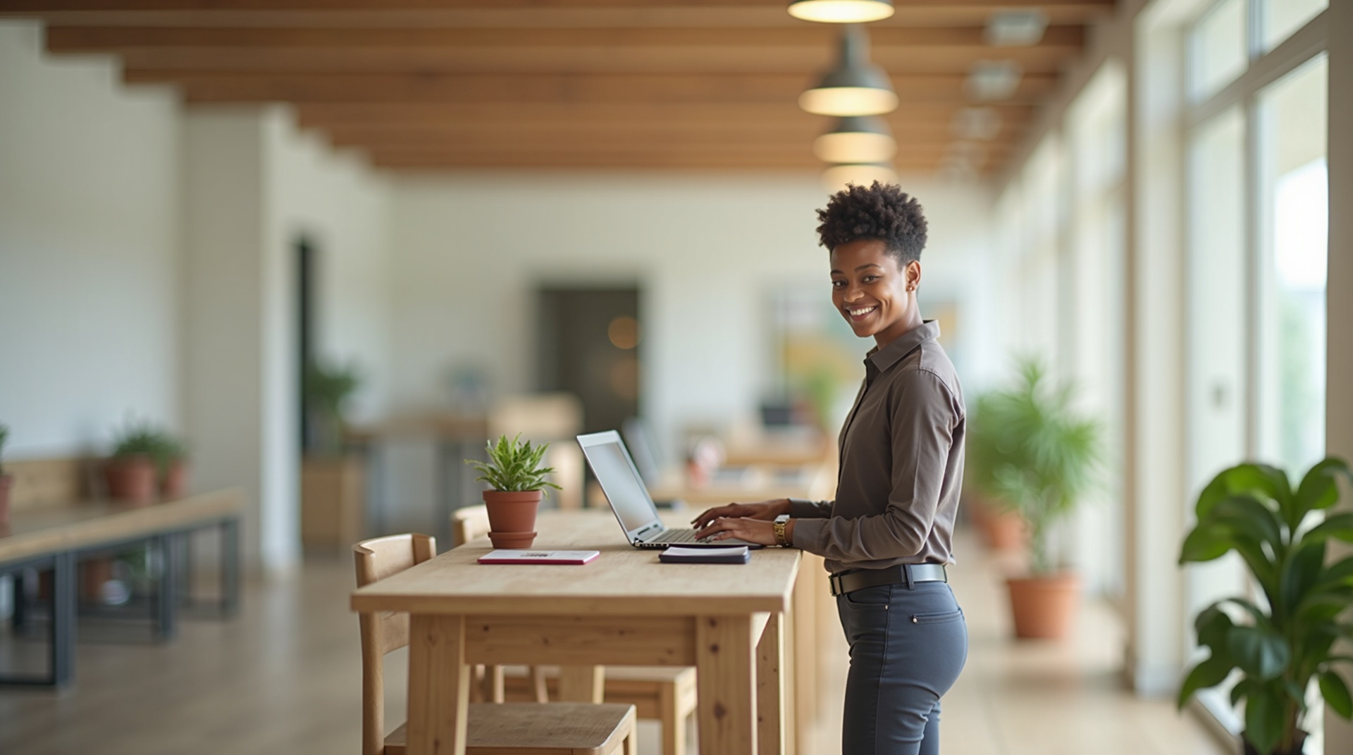Smiling young professional standing at a wooden bench working on a laptop in a long sunlit communal workspace