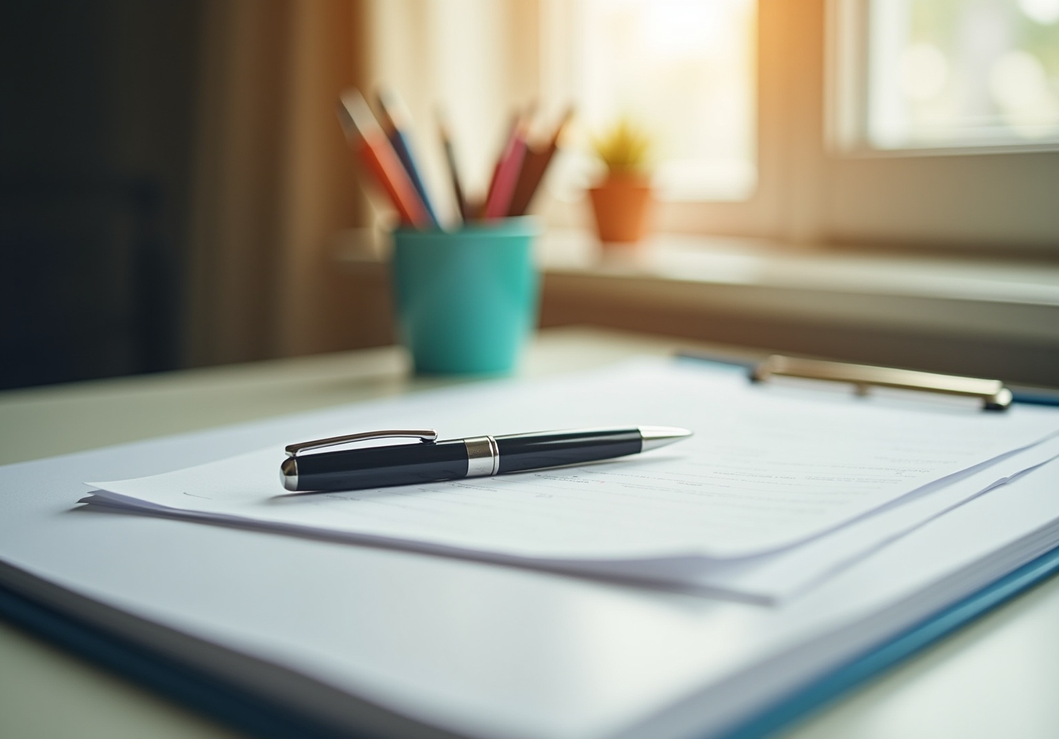 Close-up of a black ballpoint pen resting on a stack of printed application documents on a desk by a window