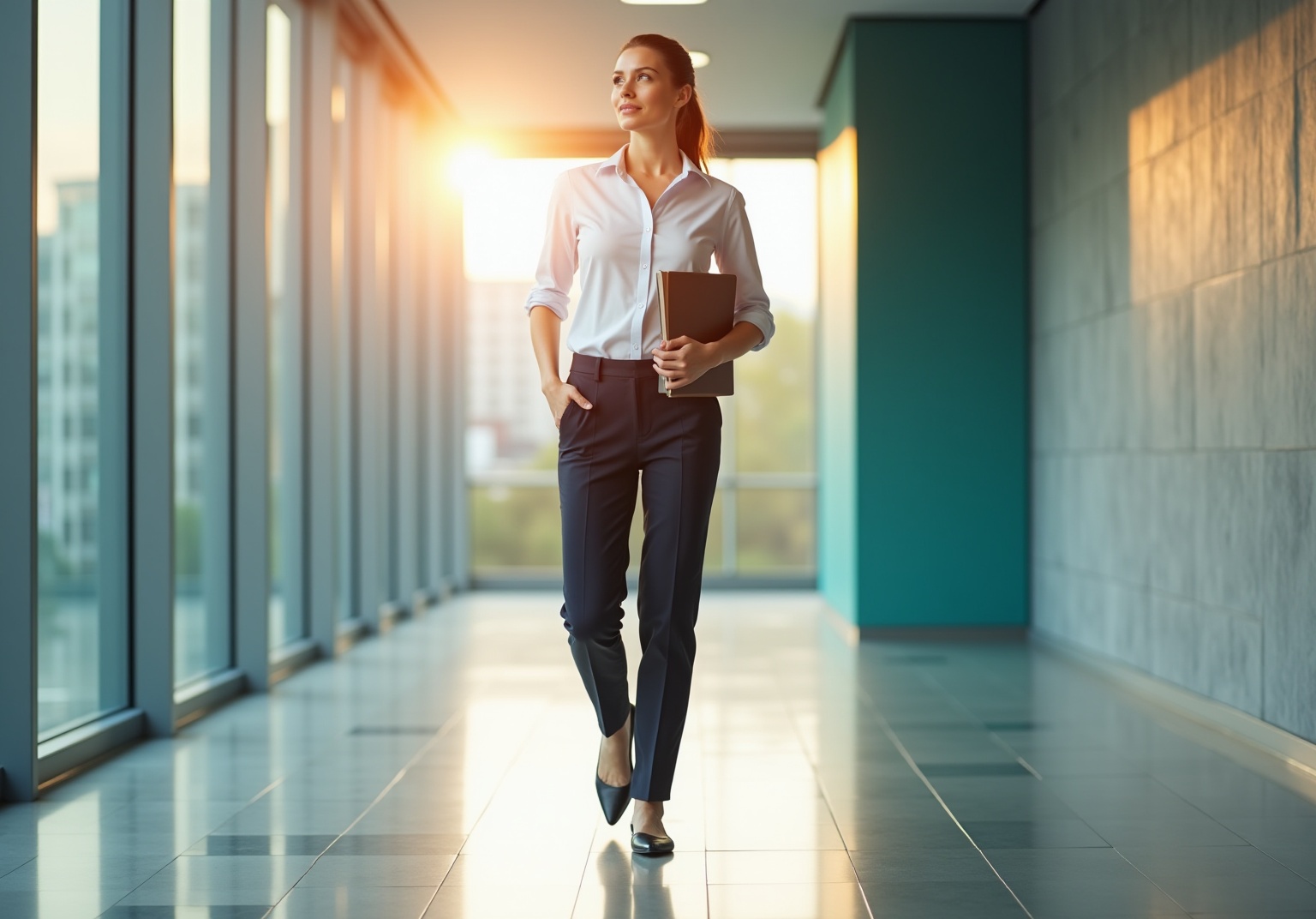 Businesswoman in white shirt and navy trousers walking down a sunlit office corridor holding a document folder