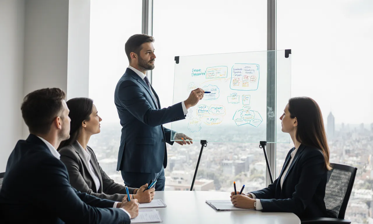 Businessman in a navy suit presenting on a glass whiteboard to three seated colleagues in a high-rise meeting room