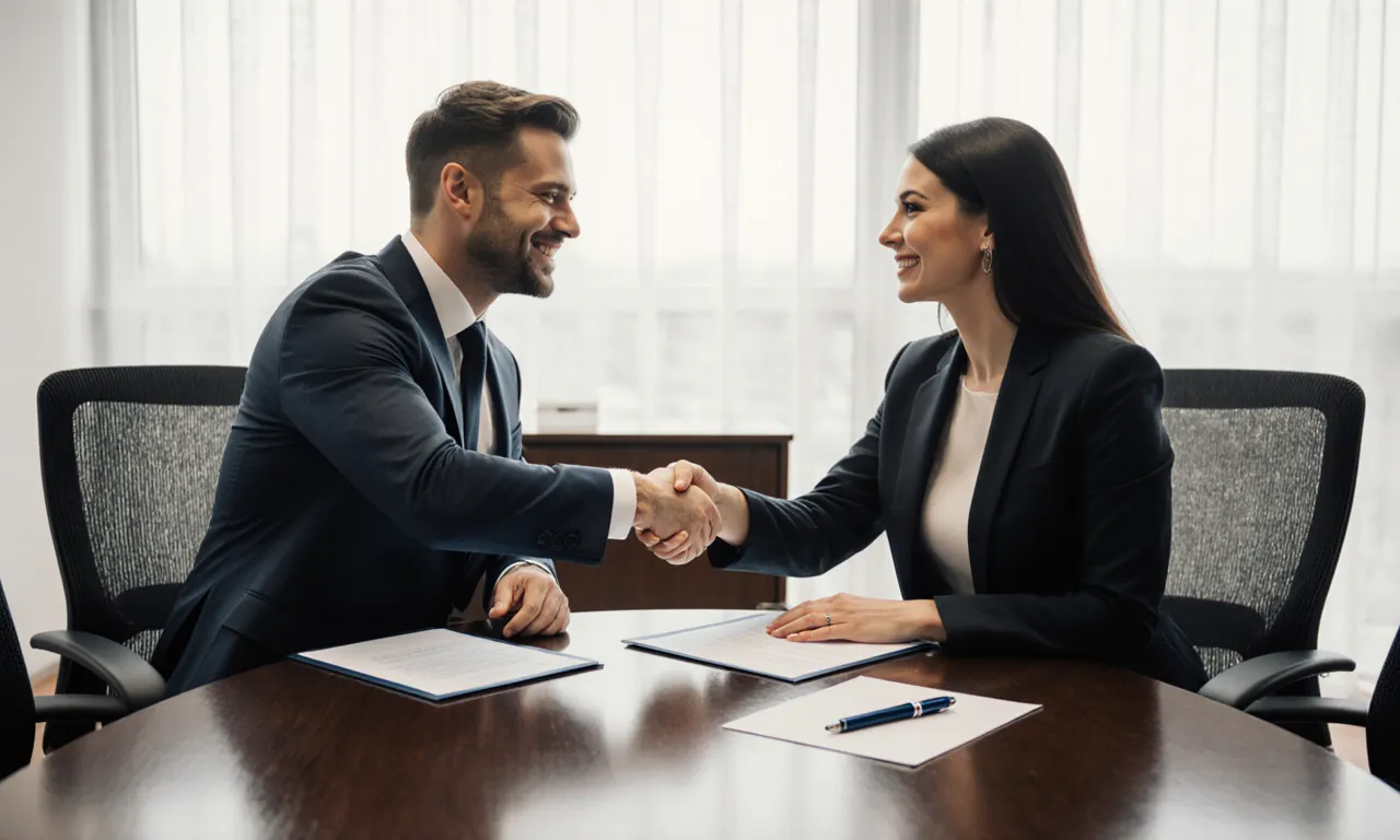 Businessman and businesswoman shaking hands across a meeting table with signed documents in front of them
