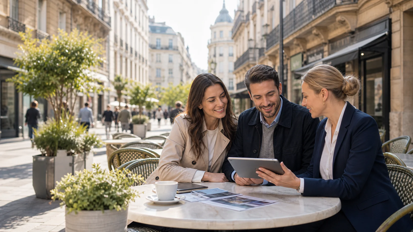 Family discussing European residency options with an advisor outdoors