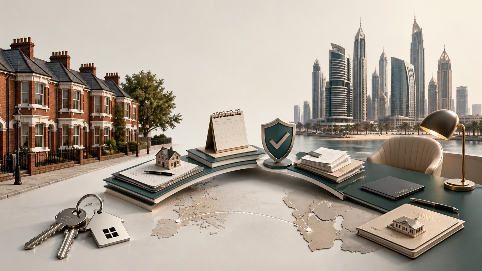 Visual showing British rental properties connected to coordinated planning and a genuine Dubai business setup