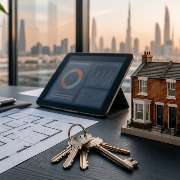 British rental property model, keys and portfolio planning materials with Dubai skyline