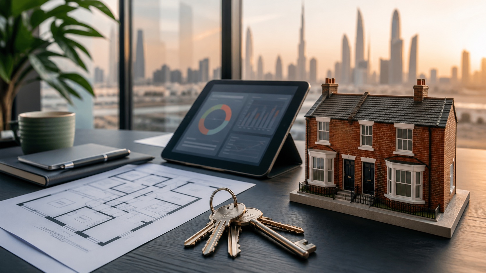 British rental property model, keys and portfolio planning materials with Dubai skyline