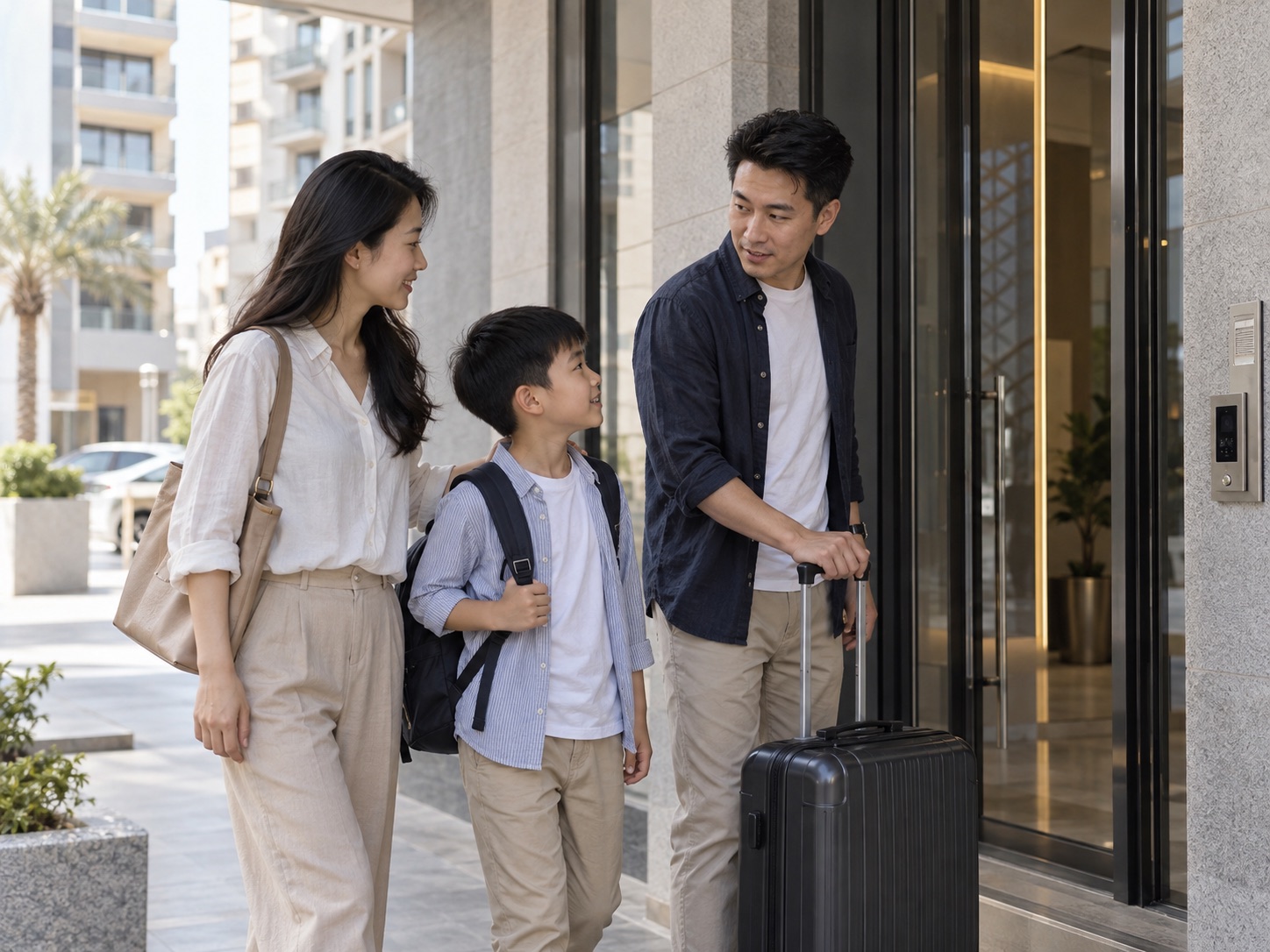 Illustrative family arriving at a UAE apartment building