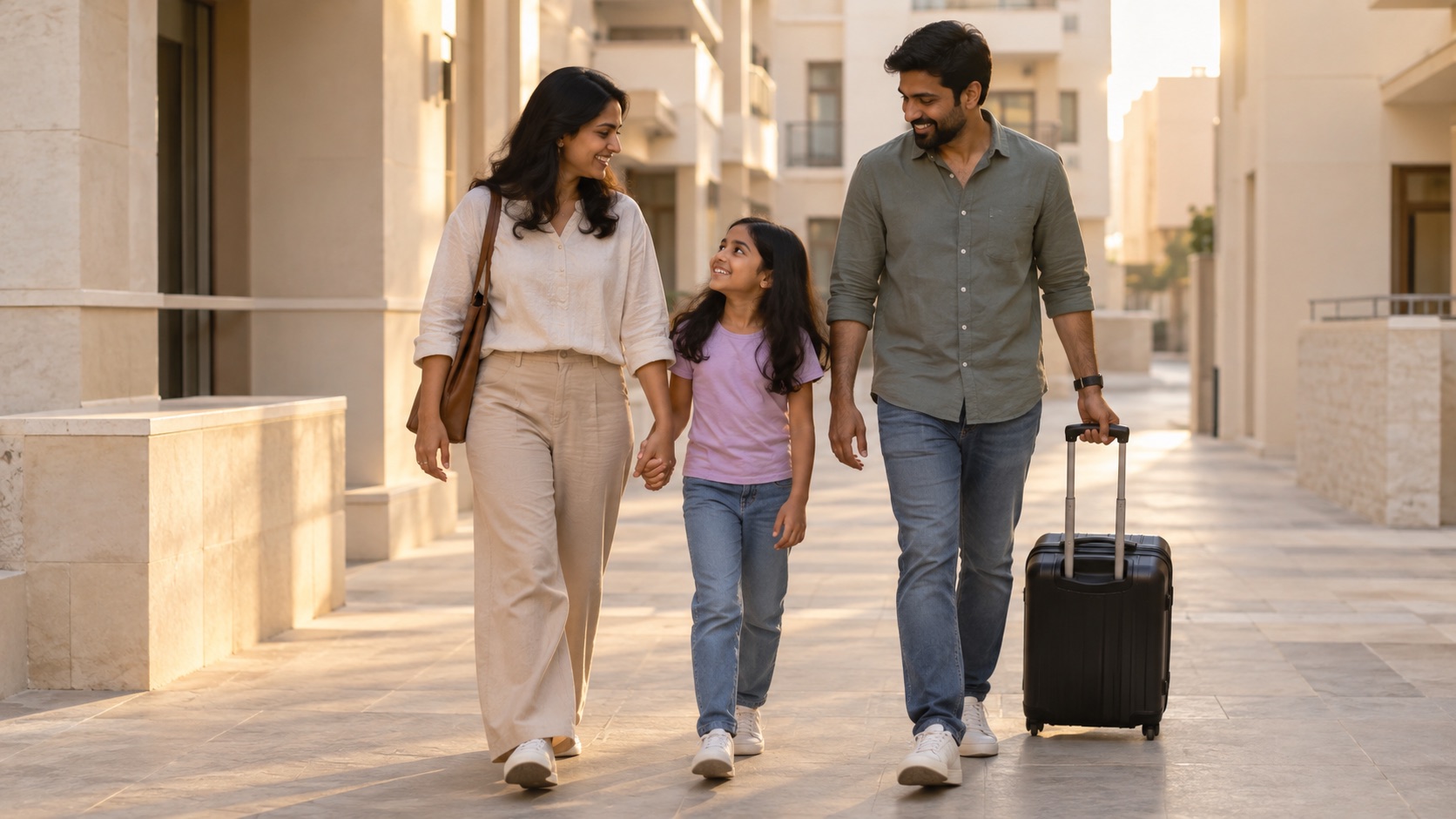 Illustrative family walking through a UAE residential courtyard