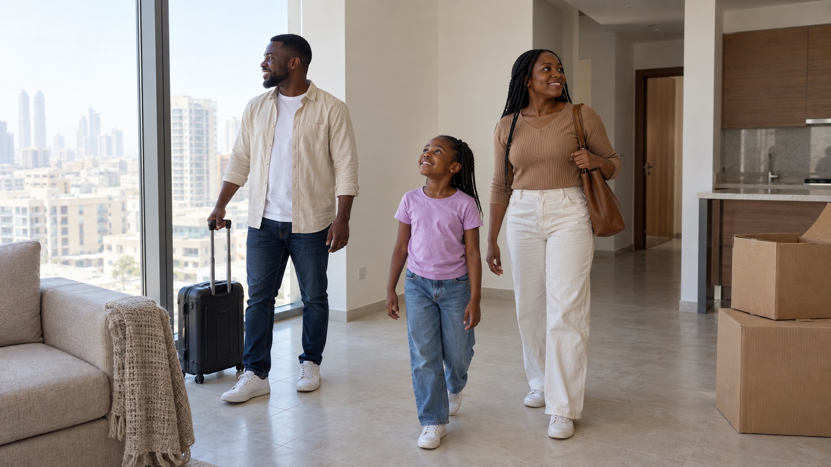 Illustrative family arriving together at a new home in the UAE
