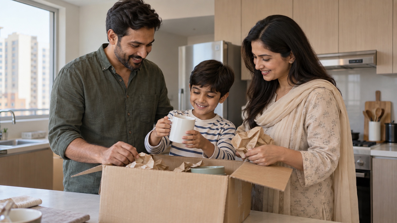 Illustrative family unpacking together in a UAE apartment