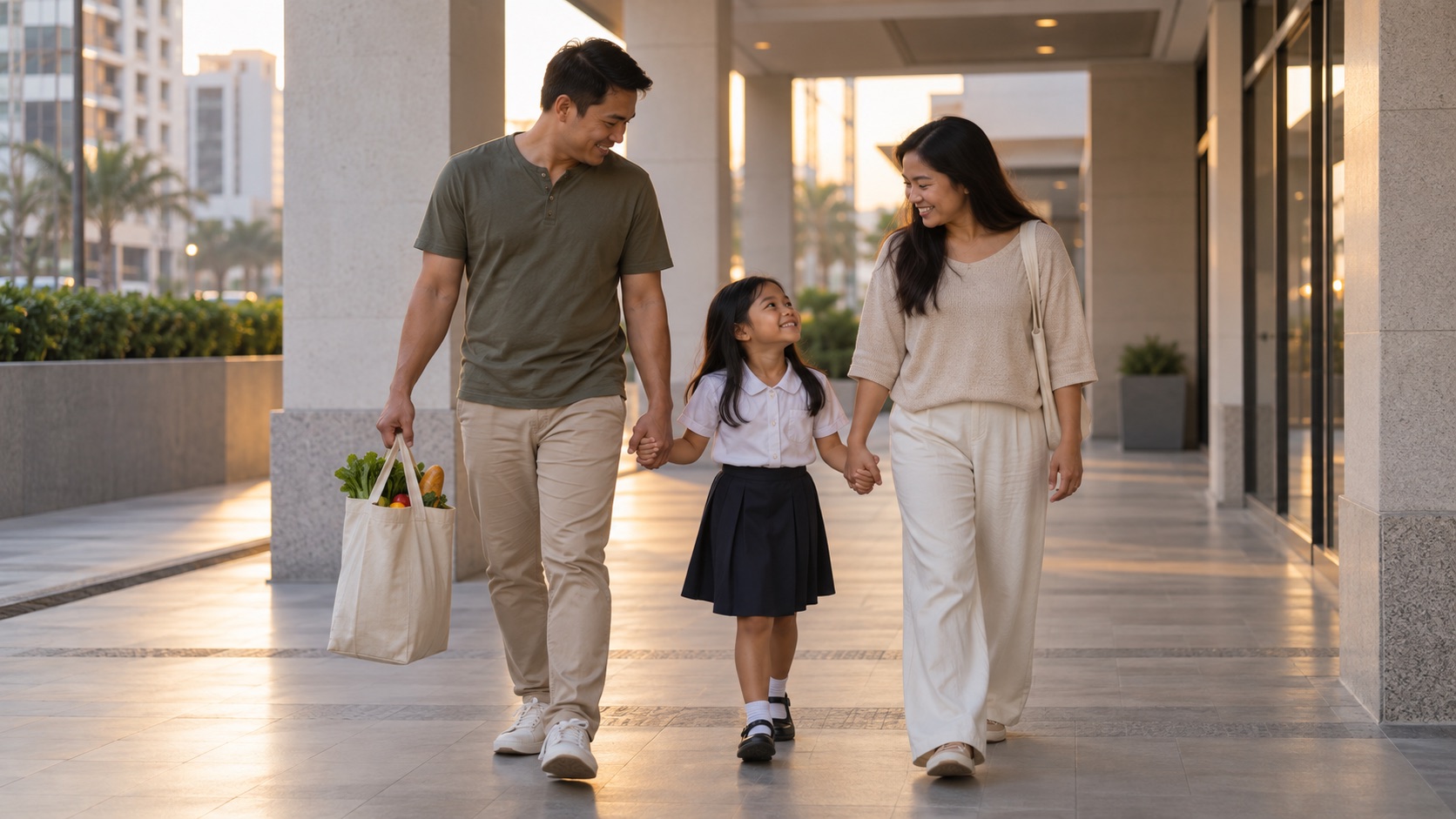 Illustrative family walking through a UAE neighbourhood