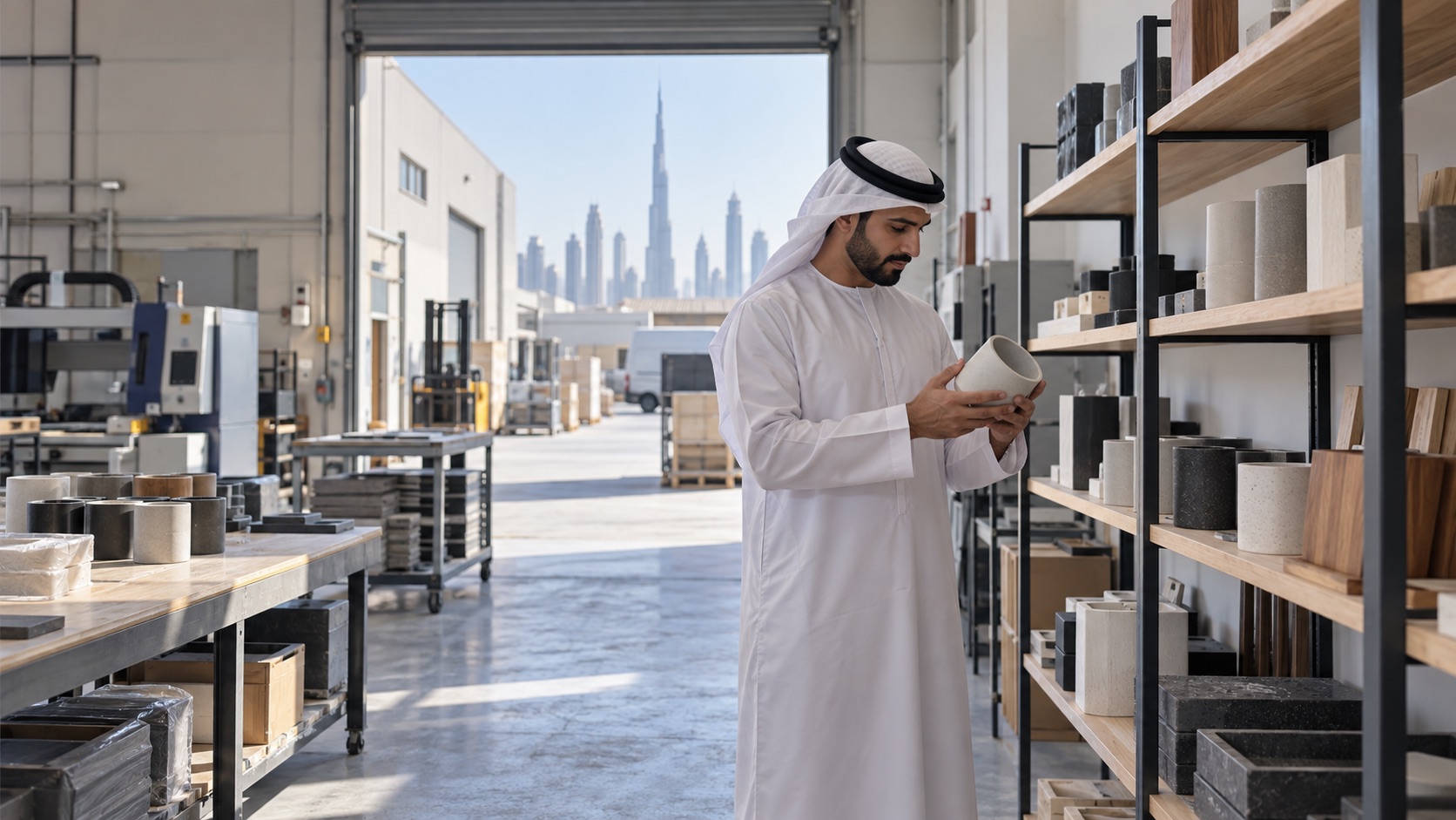 Business owner inspecting products in a UAE workshop