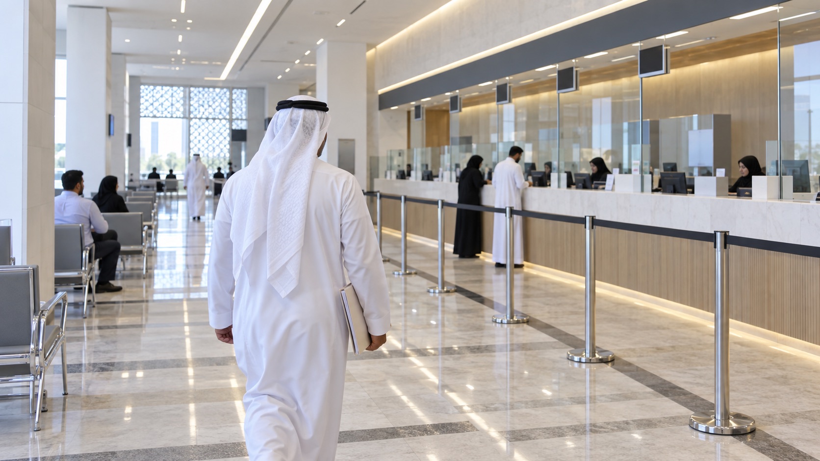 Visitor approaching counters in a UAE public service centre