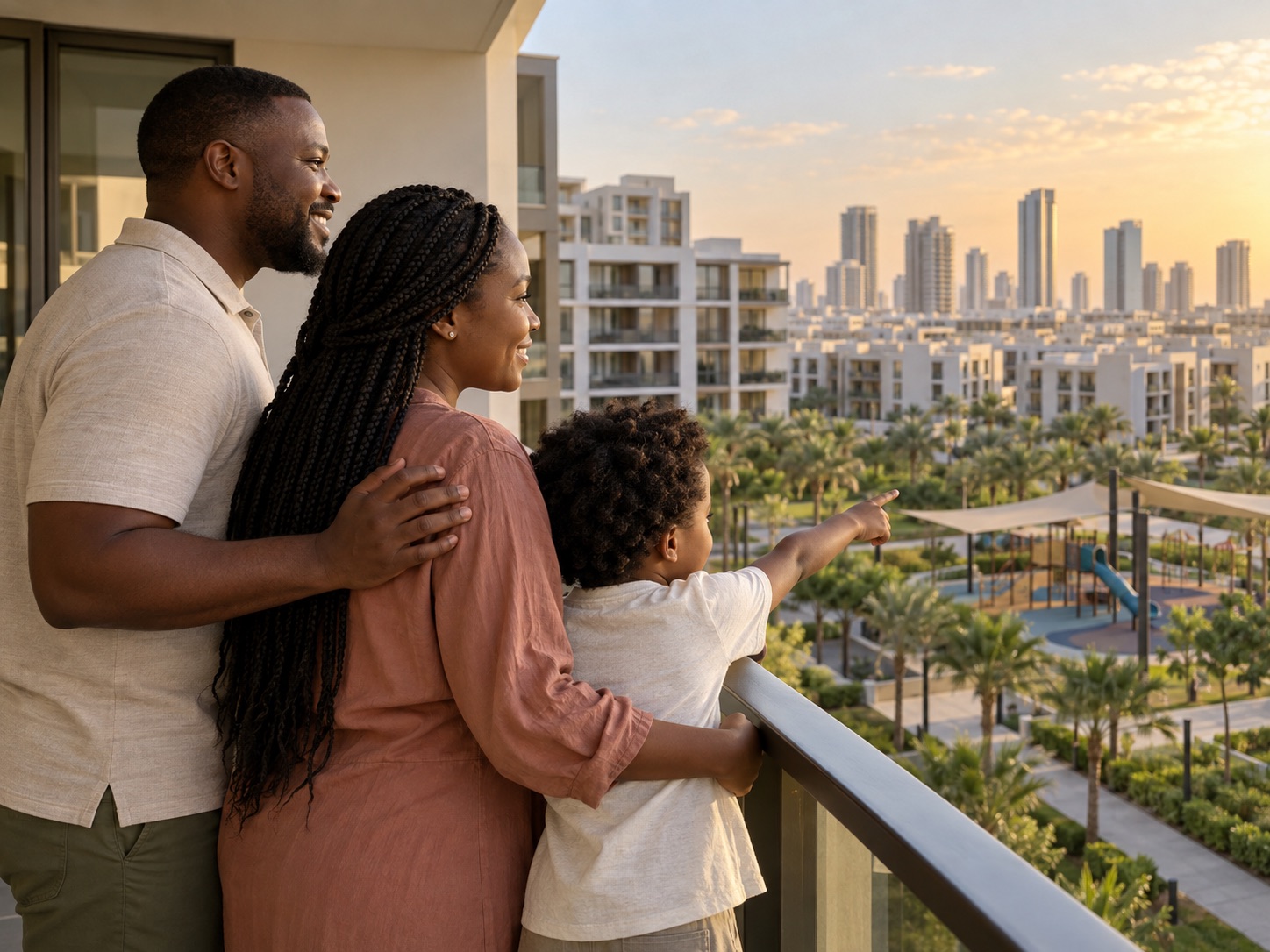 Illustrative family looking over their new UAE neighbourhood