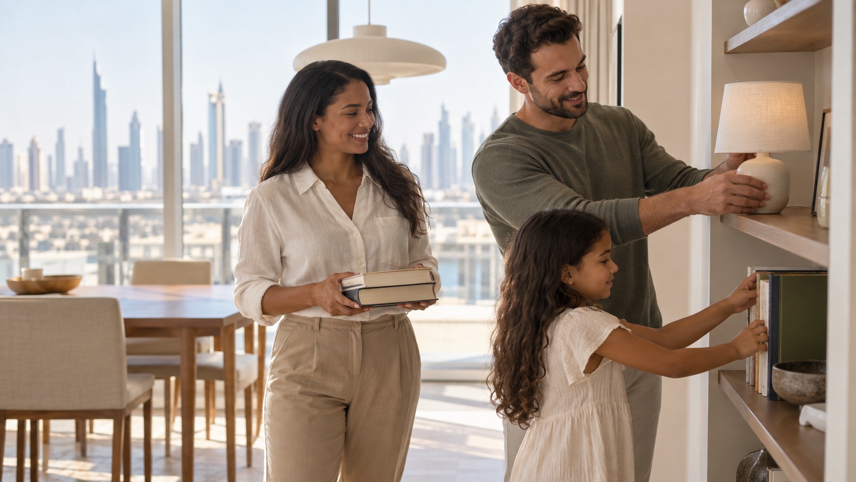 Illustrative family arranging belongings in a new UAE home