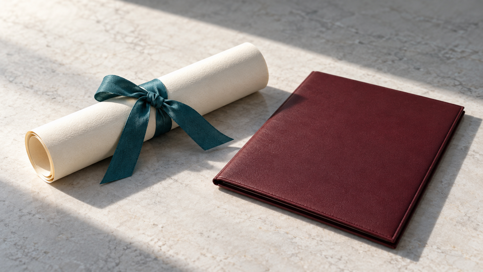 A rolled qualification document beside a plain document folder.
