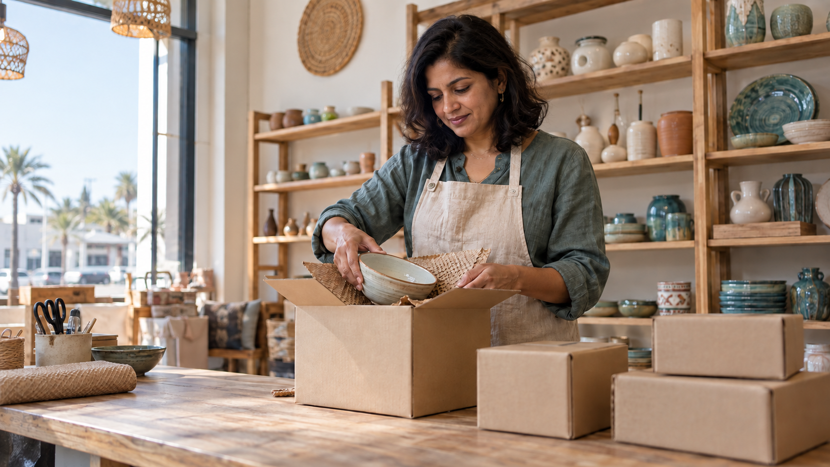 A small-business owner packing ceramics for a customer order.